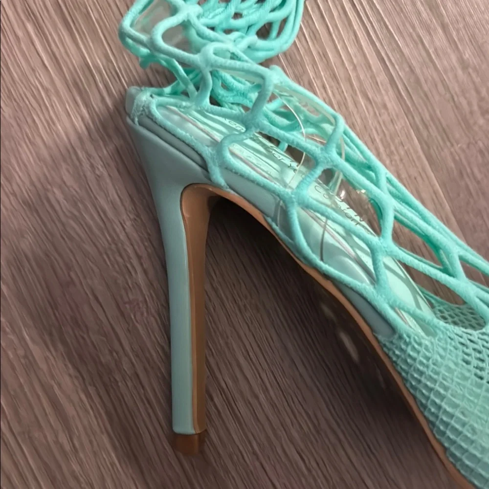 Cape Robbin Sea Green/Teal Fishnet Sock Heels with Plastic Secure Straps❣️❣️BNIB